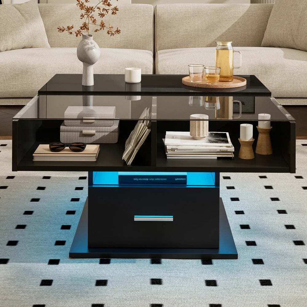 Table basse relevable avec LED et rangement
