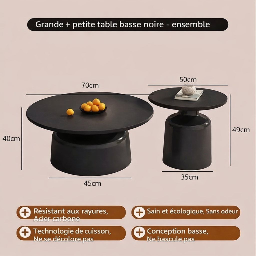 Table basse gigogne ronde en bois massif et métal