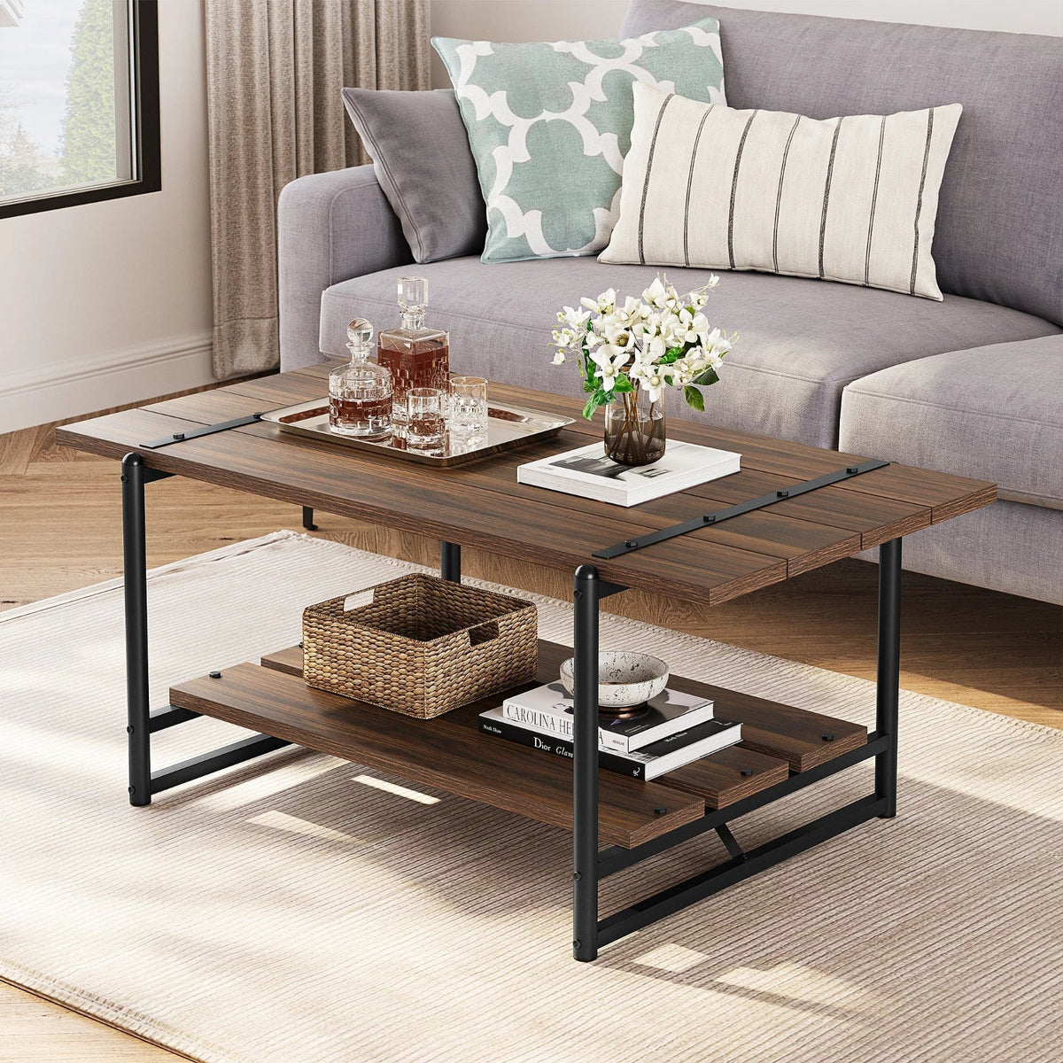 Table basse rectangulaire au style industriel noyer