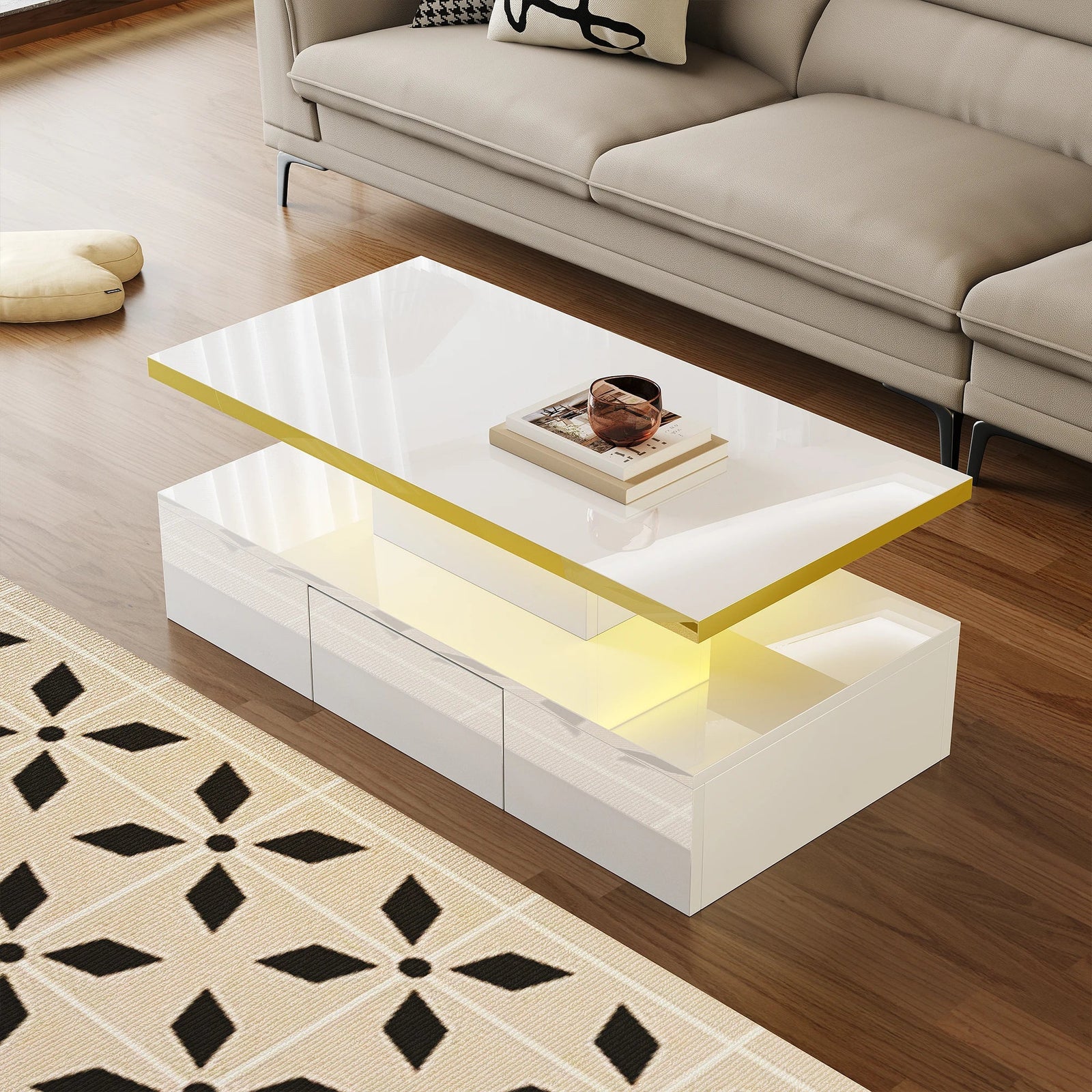 Table basse laquée à 2 niveaux avec tiroir et LED