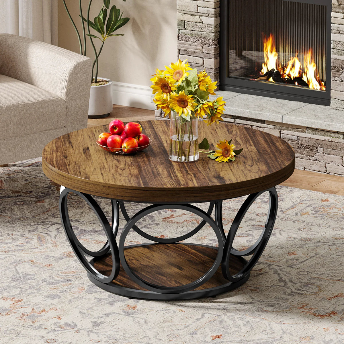 Table basse ronde 80 cm avec étagère, bois et métal