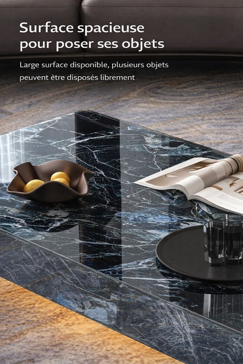 Table basse carrée effet marbre avec plateau en verre trempé