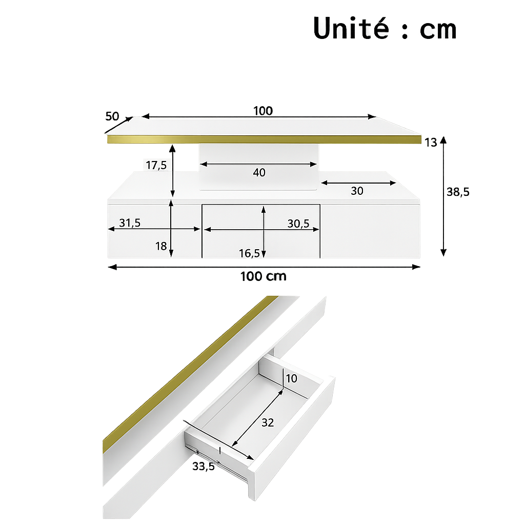Table basse laquée à 2 niveaux avec tiroir et LED
