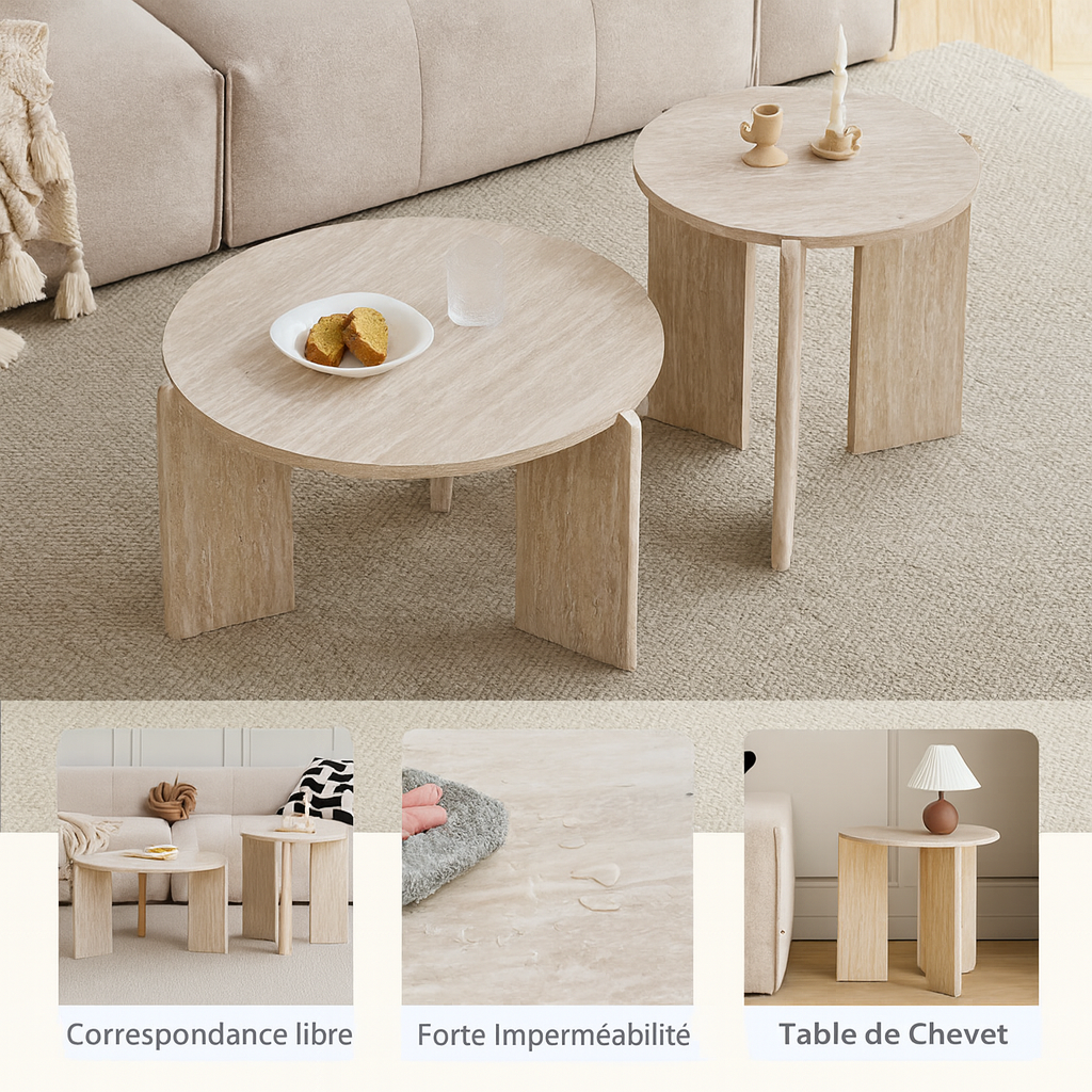 Table basse gigogne ronde bois clair ou gris scandinave