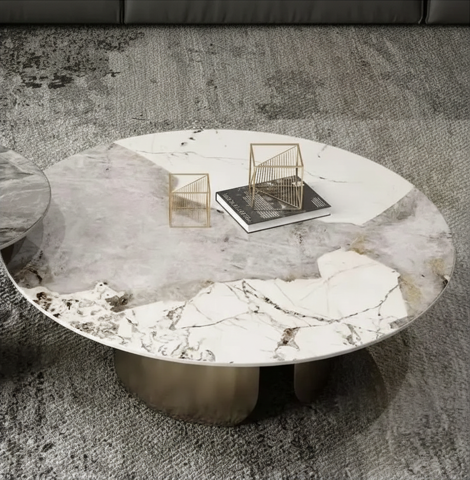 Table basse gigogne ronde en marbre et métal doré