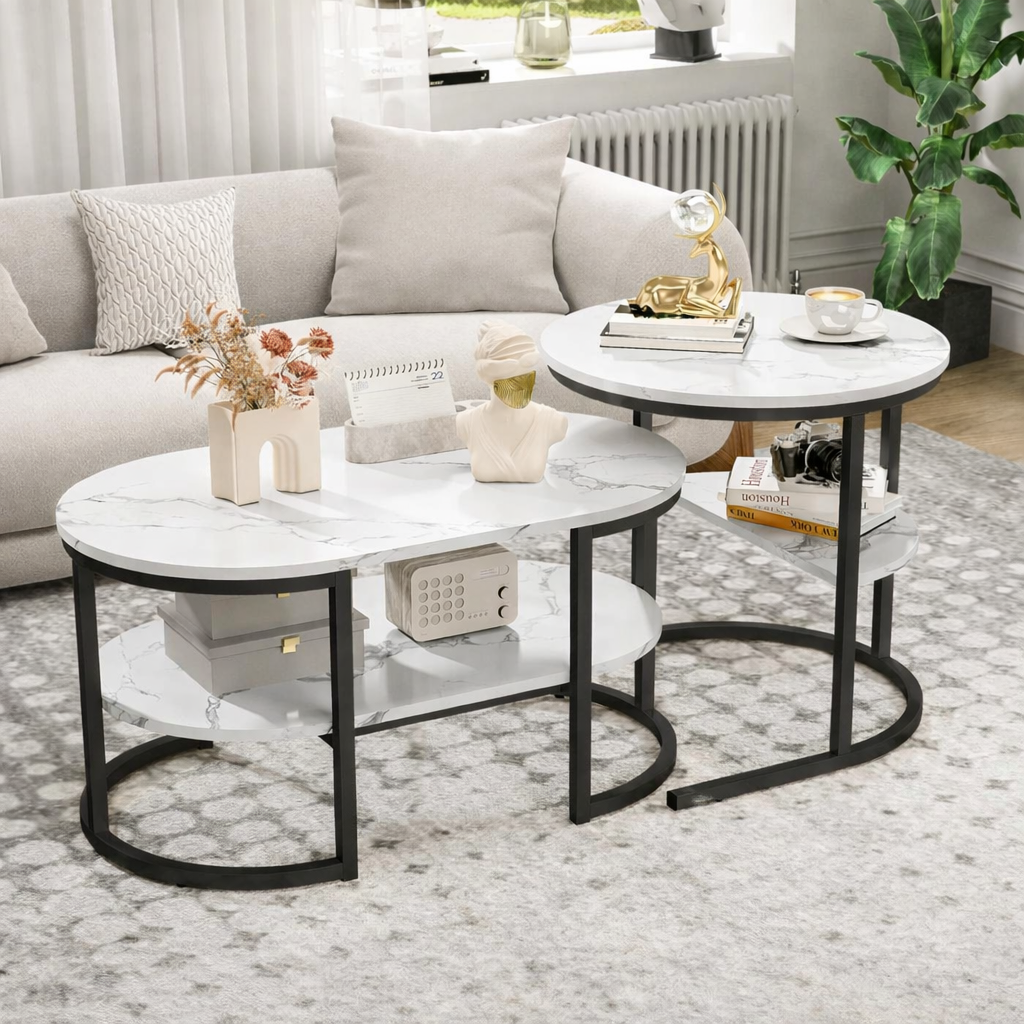 Table basse gigogne ovale et ronde effet marbre