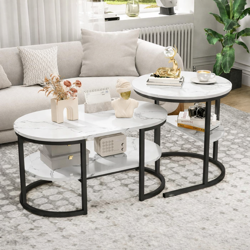 Table basse gigogne ovale et ronde effet marbre