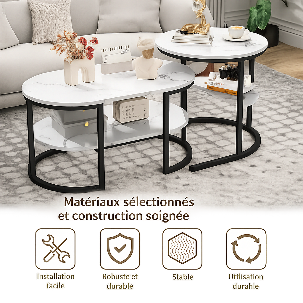 Table basse gigogne ovale et ronde effet marbre