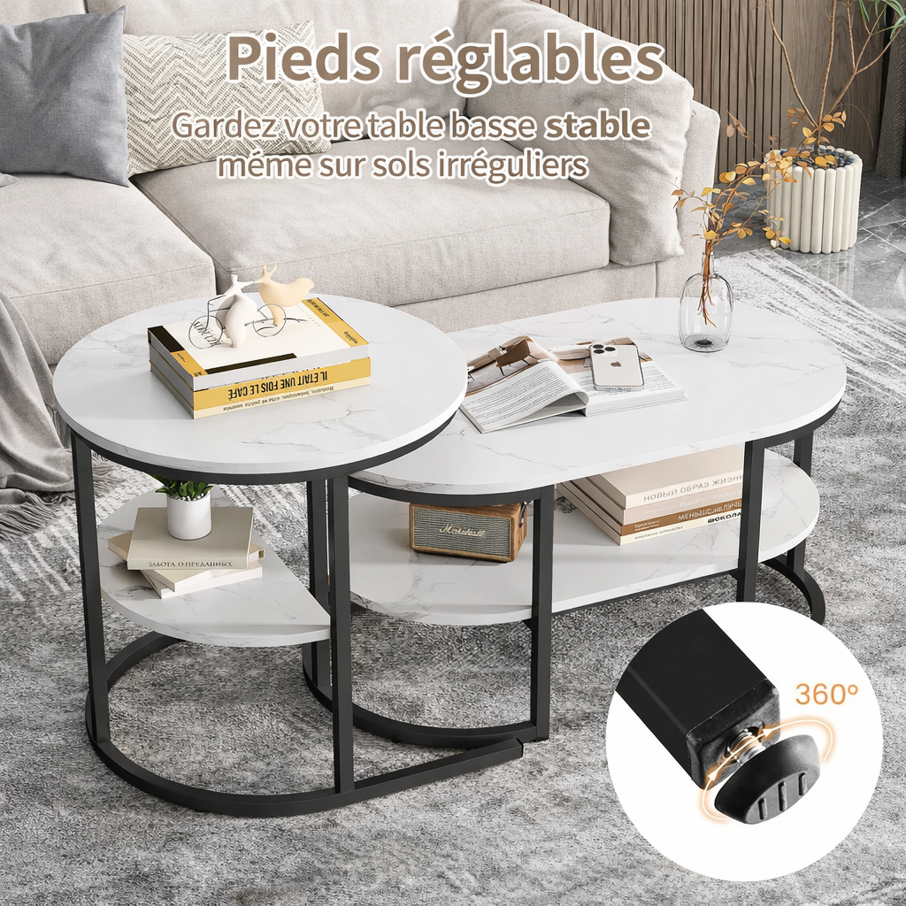 Table basse gigogne ovale et ronde effet marbre