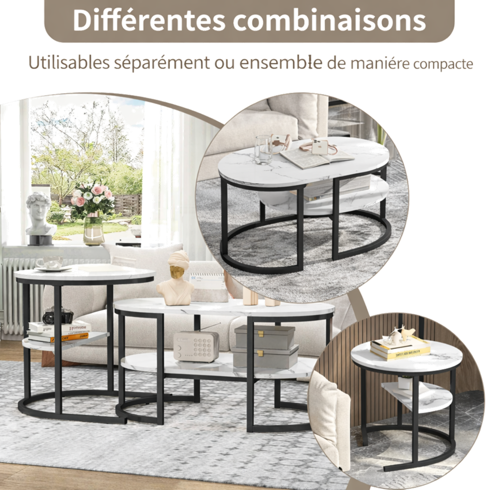 Table basse gigogne ovale et ronde effet marbre
