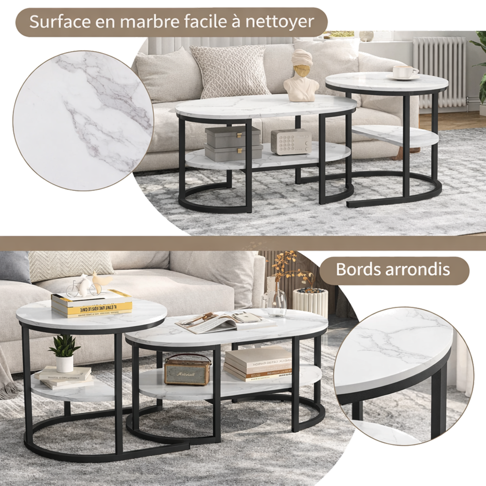 Table basse gigogne ovale et ronde effet marbre