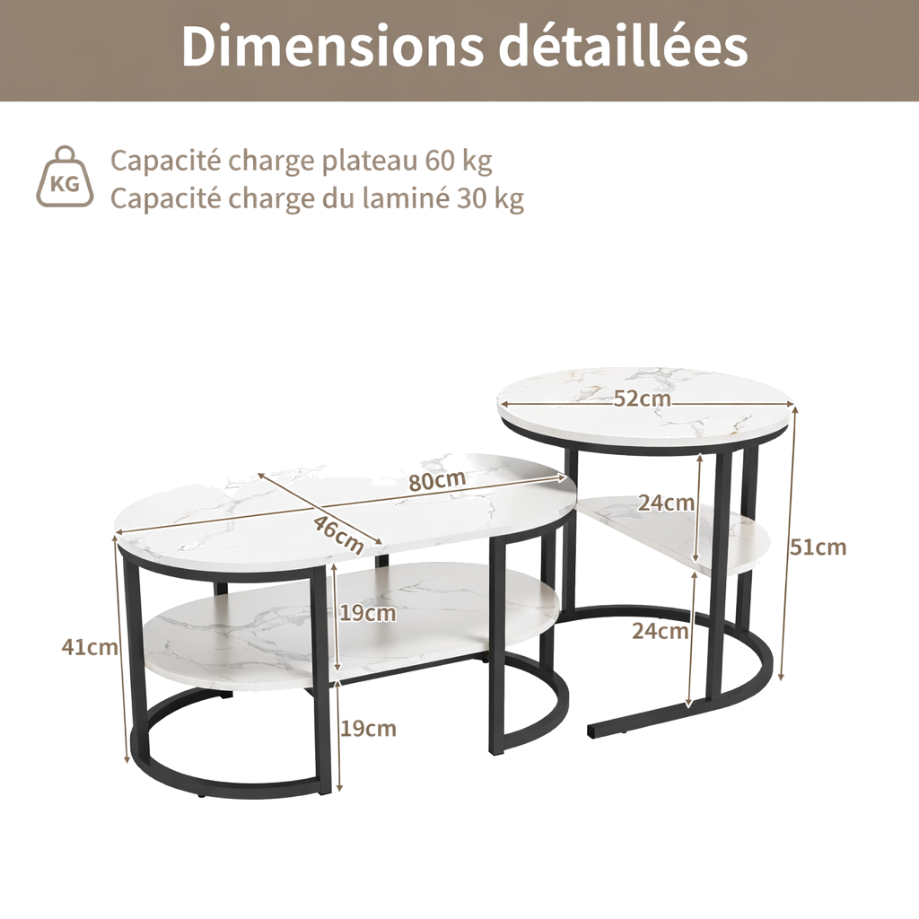 Table basse gigogne ovale et ronde effet marbre