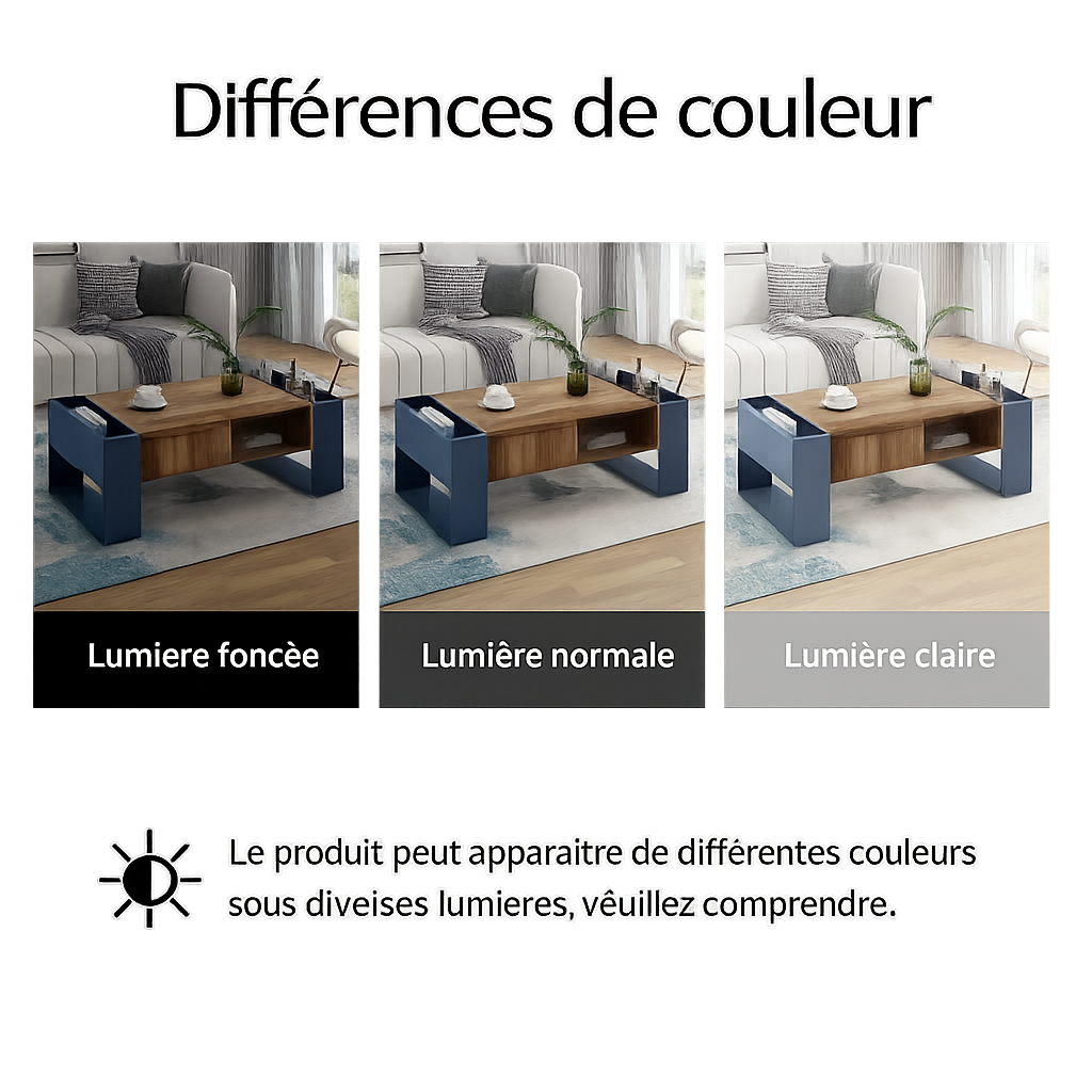 Table basse bois et bleu profond 105 cm avec tiroir