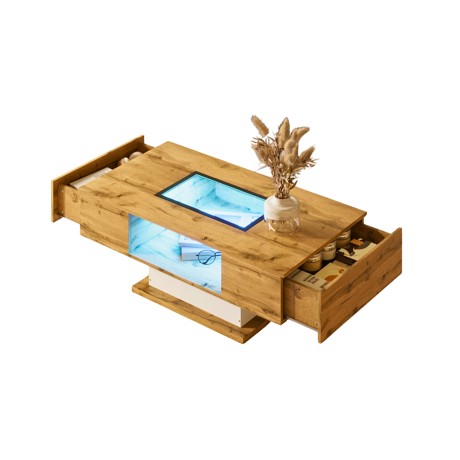 Table basse bois et verre avec LED et 2 tiroirs, 110 cm