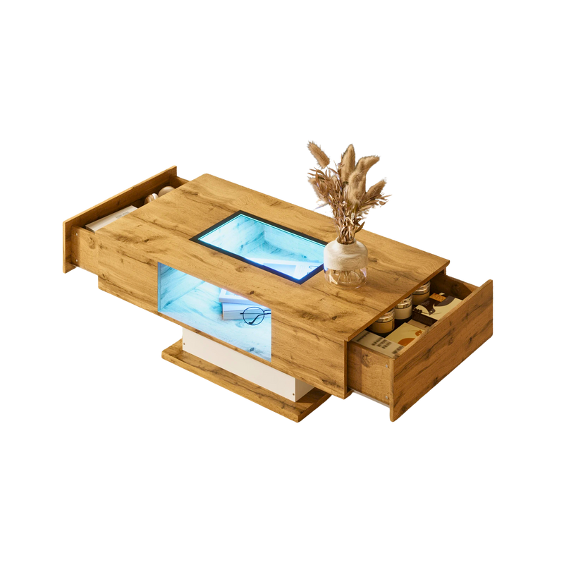 Table basse bois et verre avec LED et 2 tiroirs, 110 cm