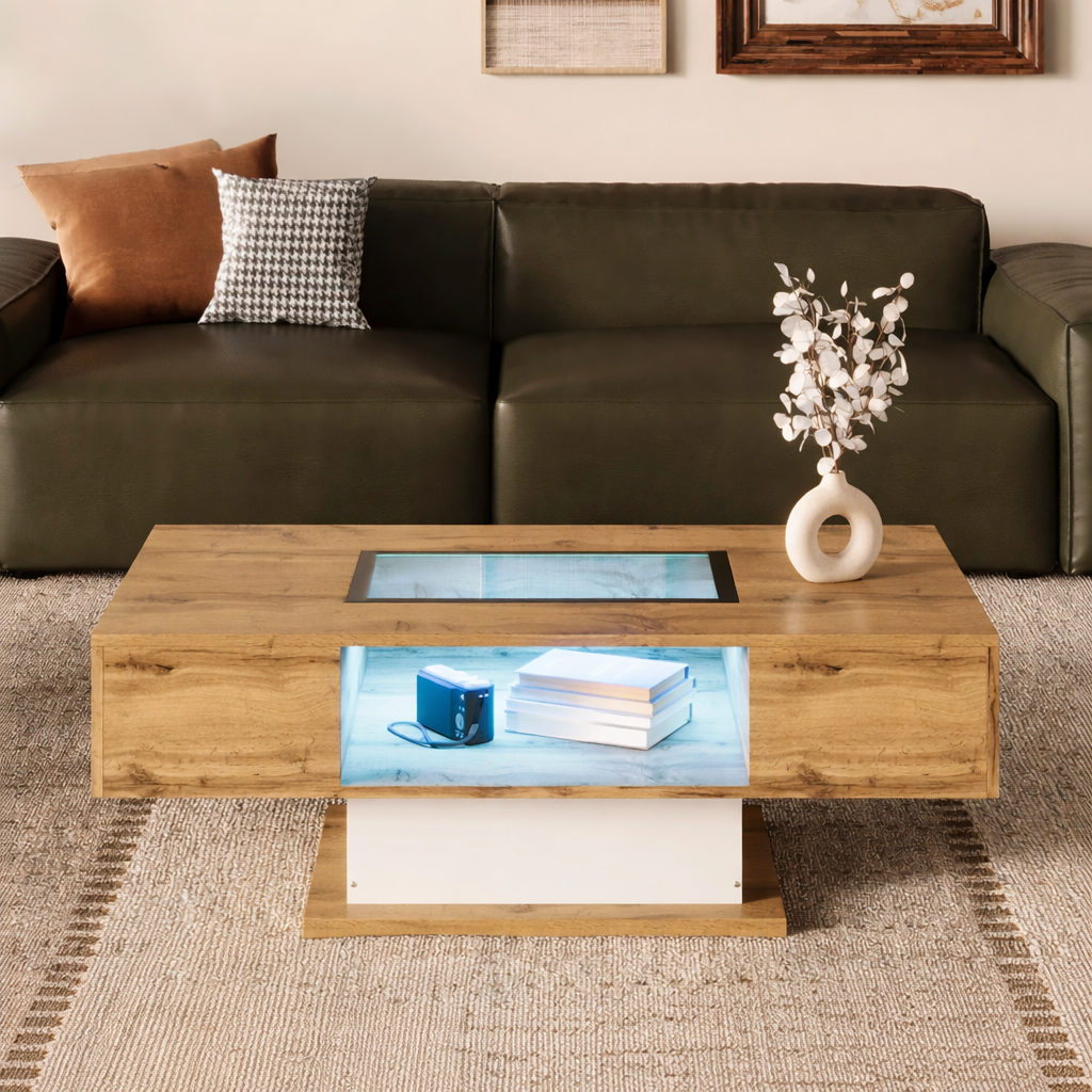 Table basse bois et verre avec LED et 2 tiroirs, 110 cm