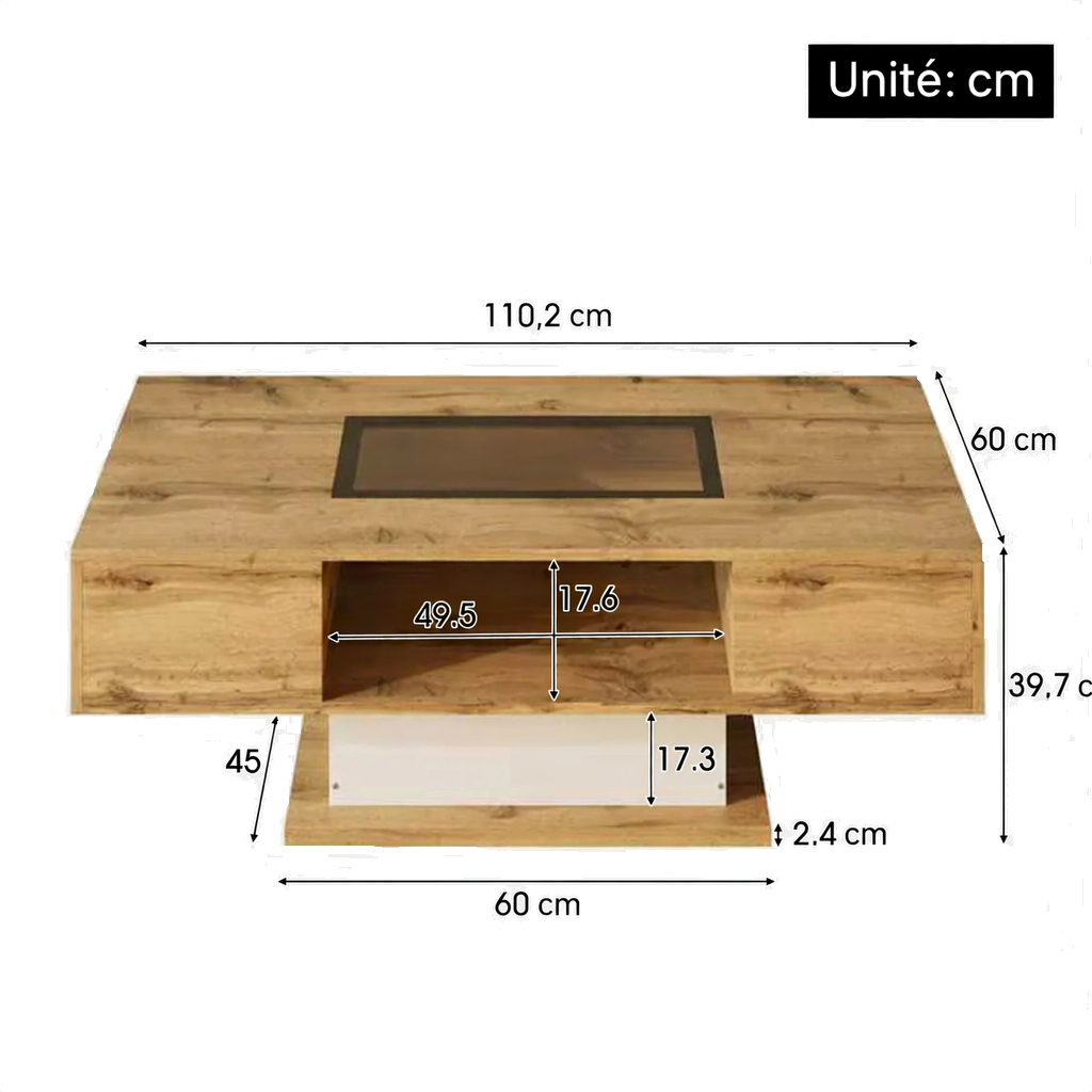 Table basse bois et verre avec LED et 2 tiroirs, 110 cm