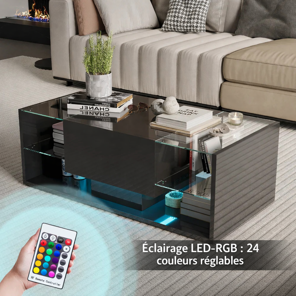 Table basse noire 100 cm, verre trempé et LED connectée