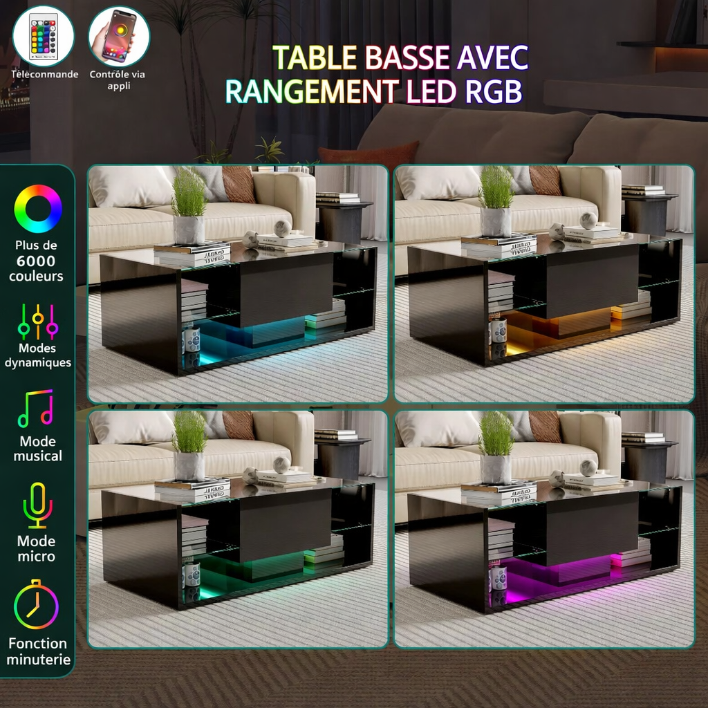 Table basse noire 100 cm, verre trempé et LED connectée