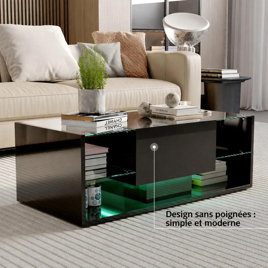 Table basse noire 100 cm, verre trempé et LED connectée
