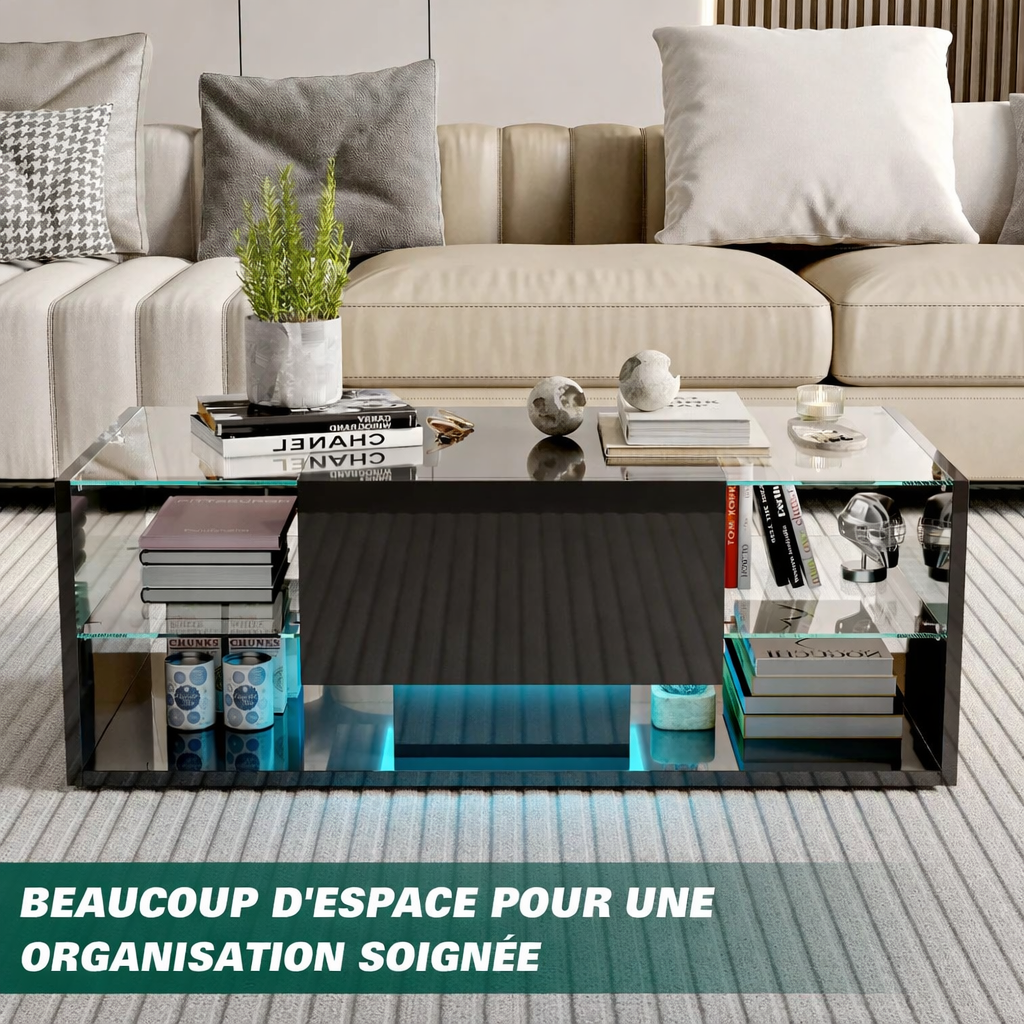 Table basse noire 100 cm, verre trempé et LED connectée