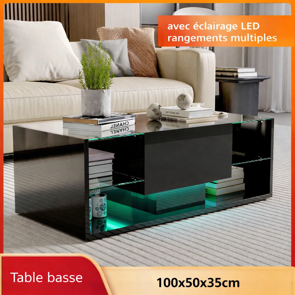 Table basse noire 100 cm, verre trempé et LED connectée