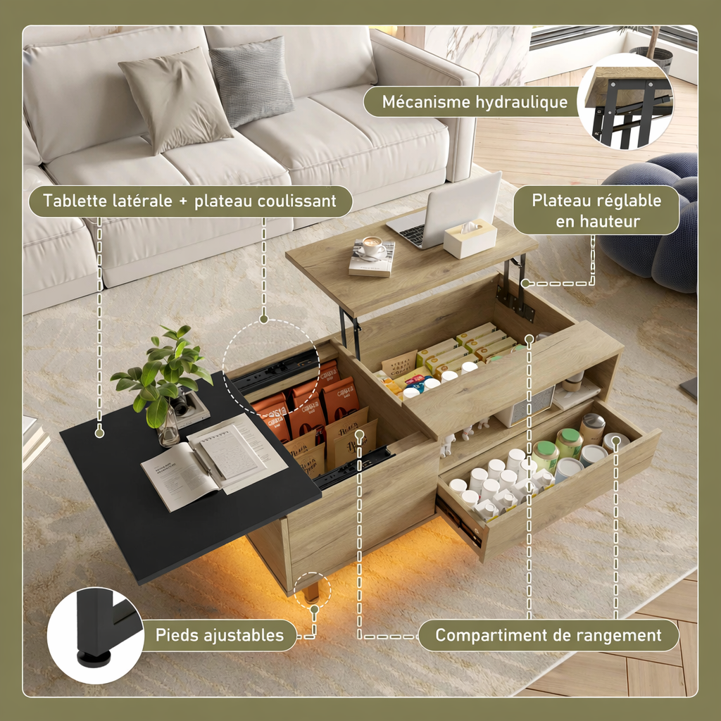 Table basse relevable bois et métal avec LED, 106 cm