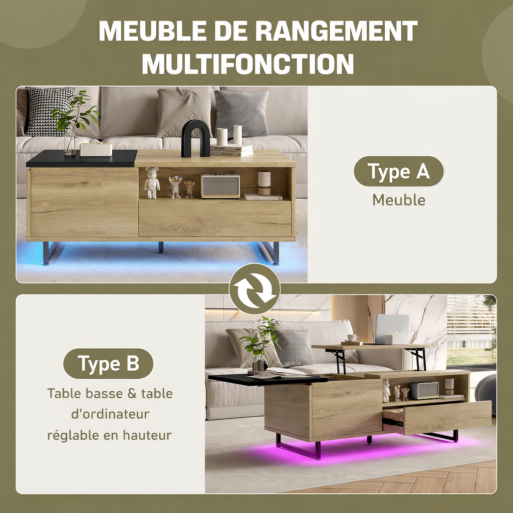 Table basse relevable bois et métal avec LED, 106 cm