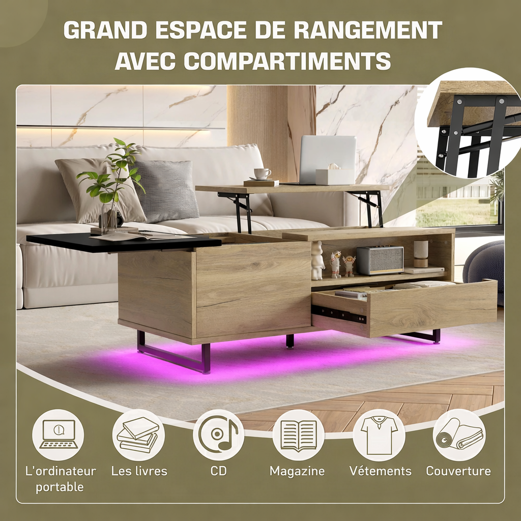 Table basse relevable bois et métal avec LED, 106 cm