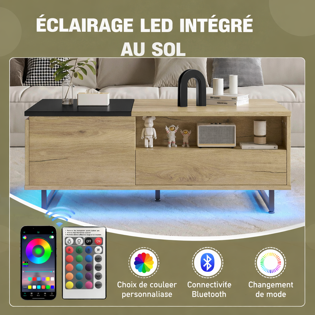 Table basse relevable bois et métal avec LED, 106 cm