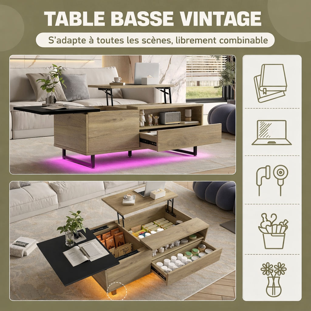 Table basse relevable bois et métal avec LED, 106 cm