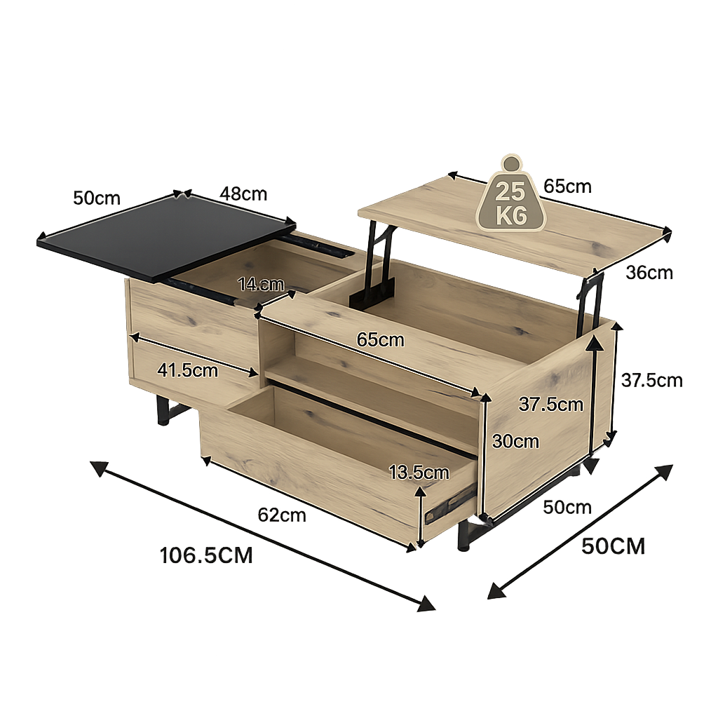 Table basse relevable bois et métal avec LED, 106 cm