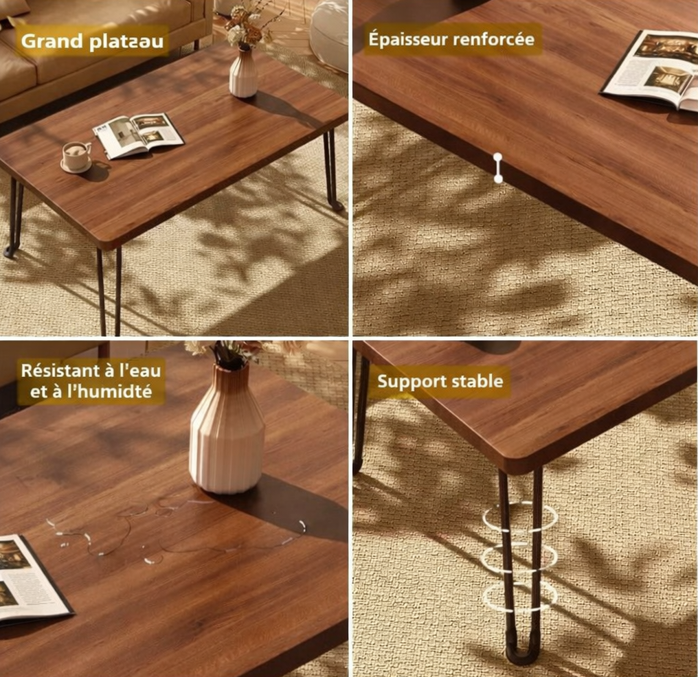 Table basse pliante rectangulaire en bois, 3 tailles