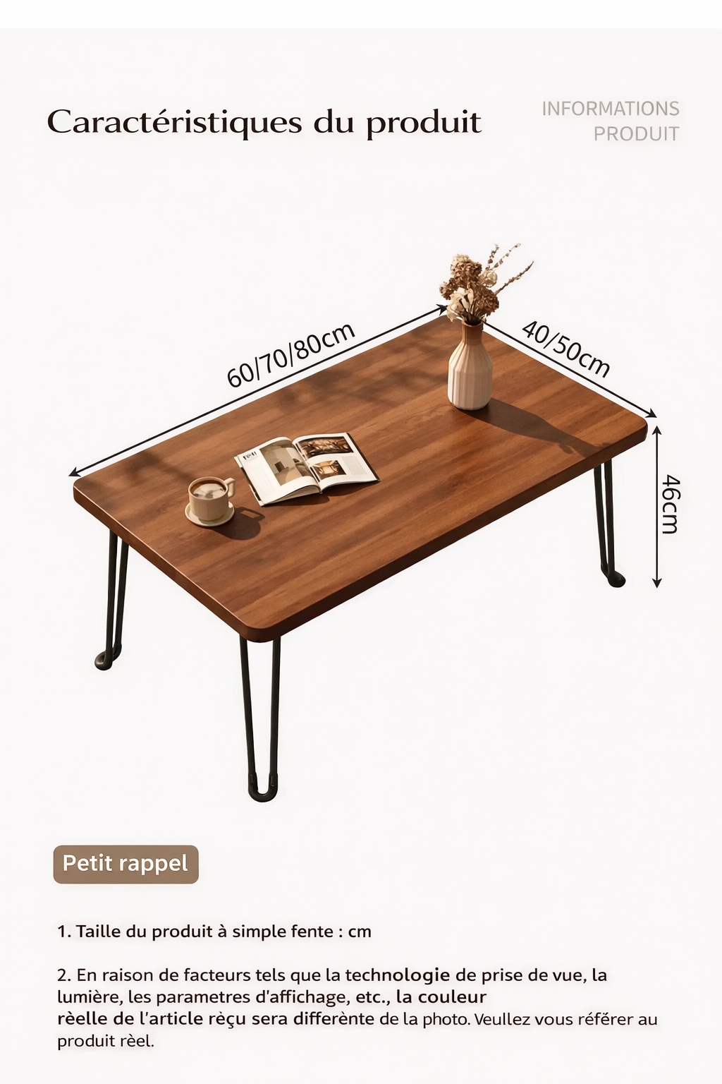Table basse pliante rectangulaire en bois, 3 tailles