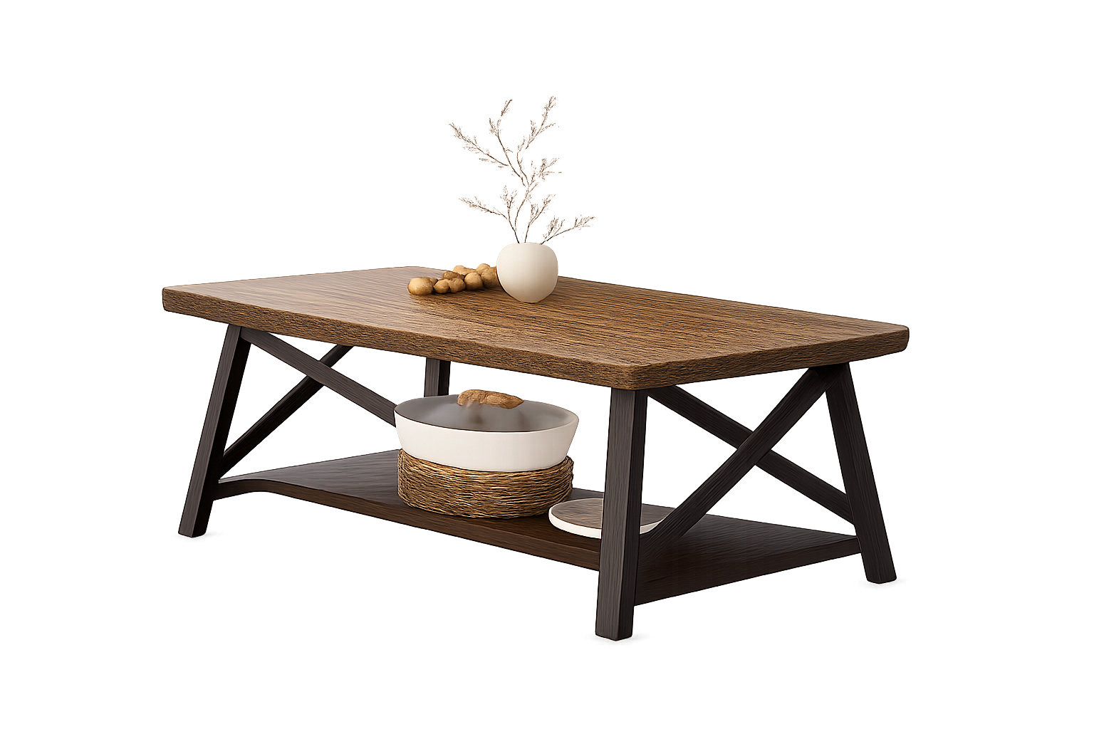 Table basse rectangulaire en bois et métal vintage avec rangement