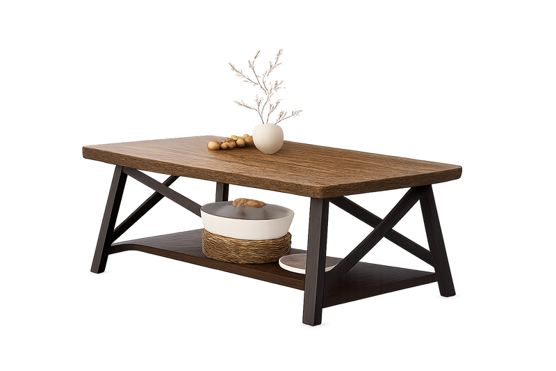 Table basse rectangulaire en bois et métal vintage avec rangement