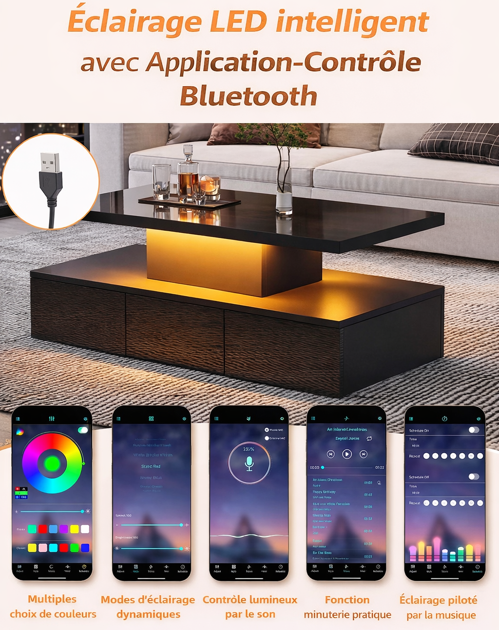 Table basse noire double plateau, LED 16 couleurs