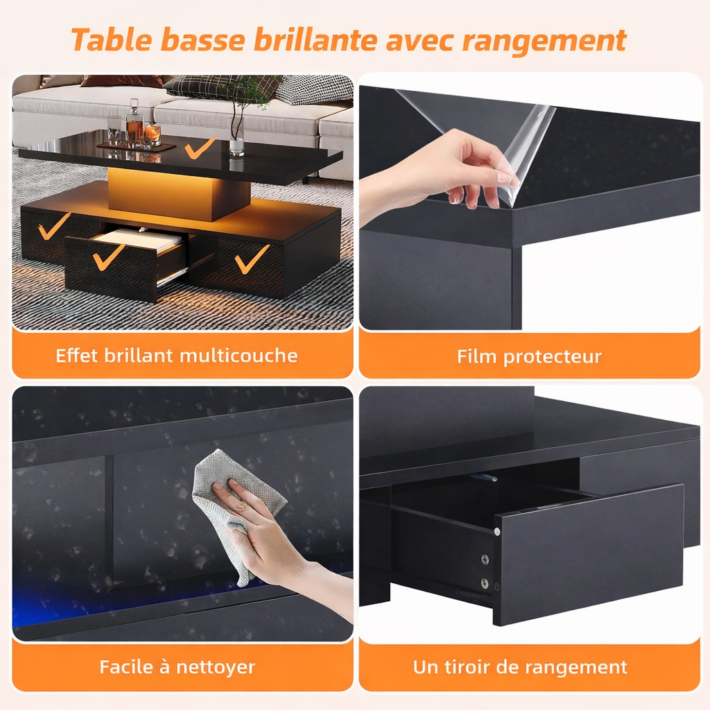 Table basse noire double plateau, LED 16 couleurs