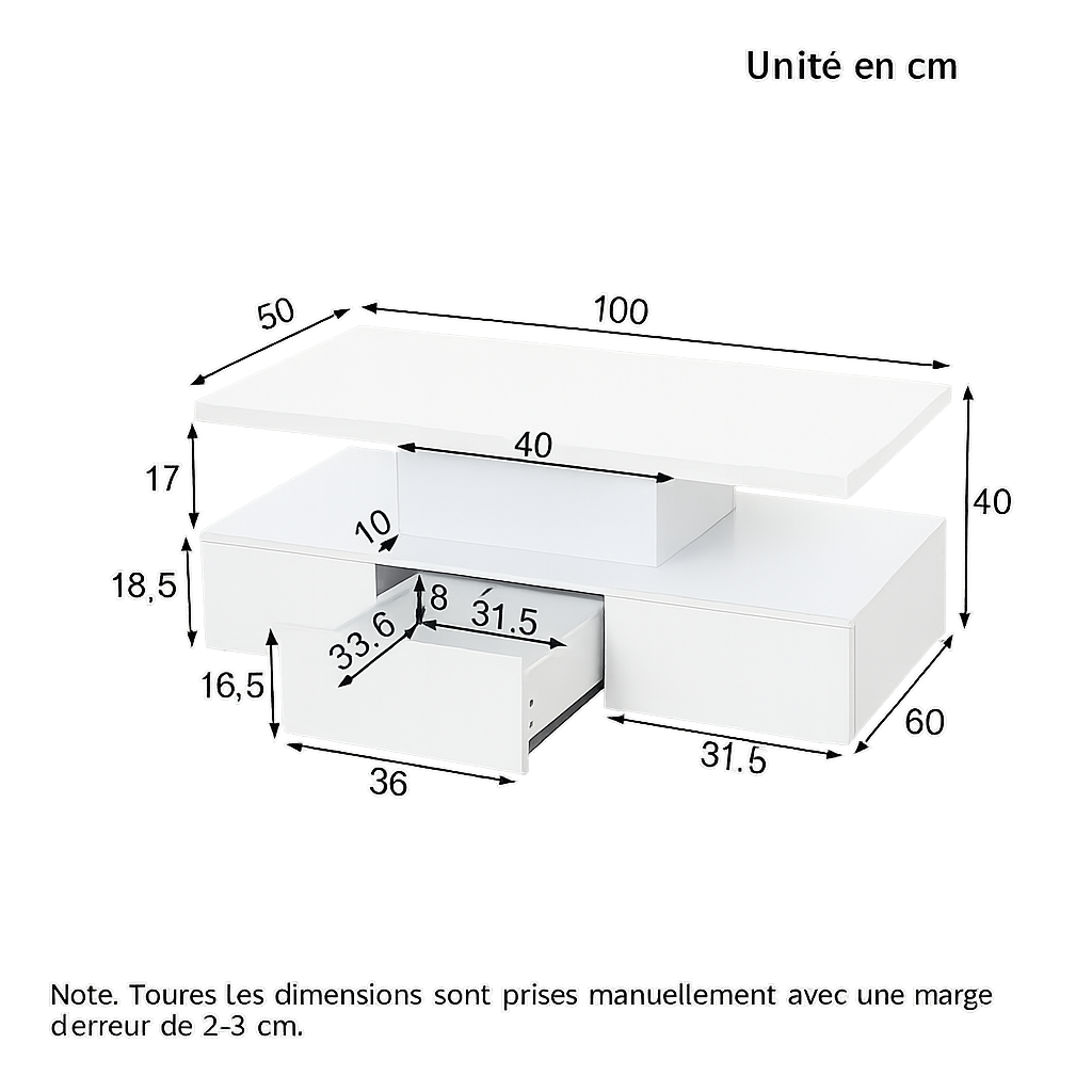 Table basse noire double plateau, LED 16 couleurs