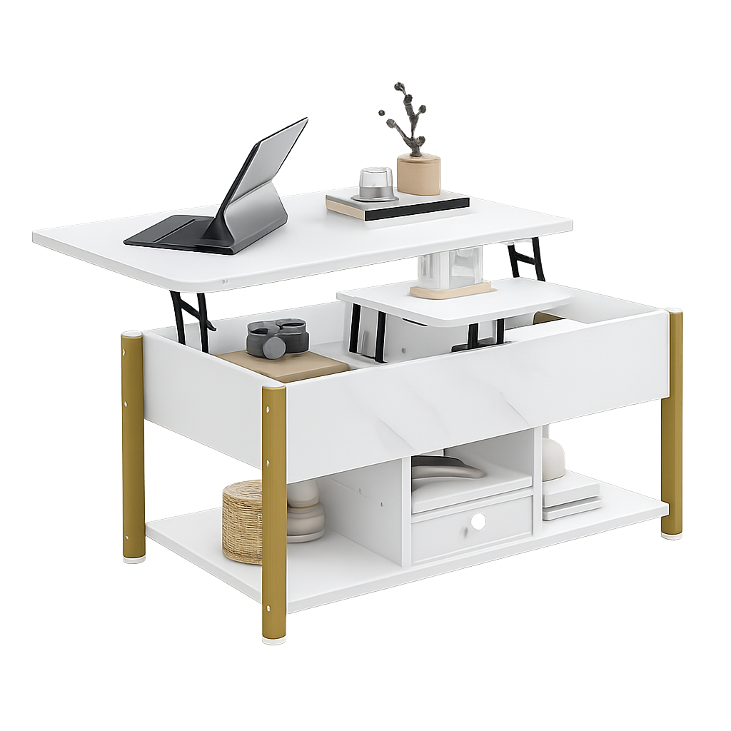Table basse relevable effet marbre blanc, tiroirs 2 faces