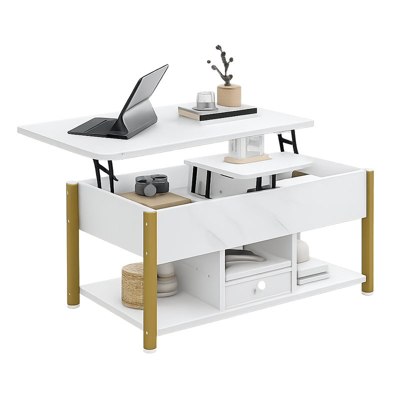 Table basse relevable effet marbre blanc, tiroirs 2 faces