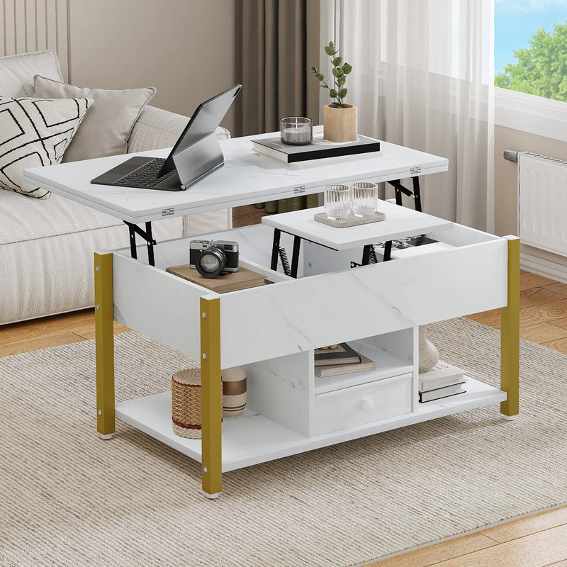 Table basse relevable effet marbre blanc, tiroirs 2 faces