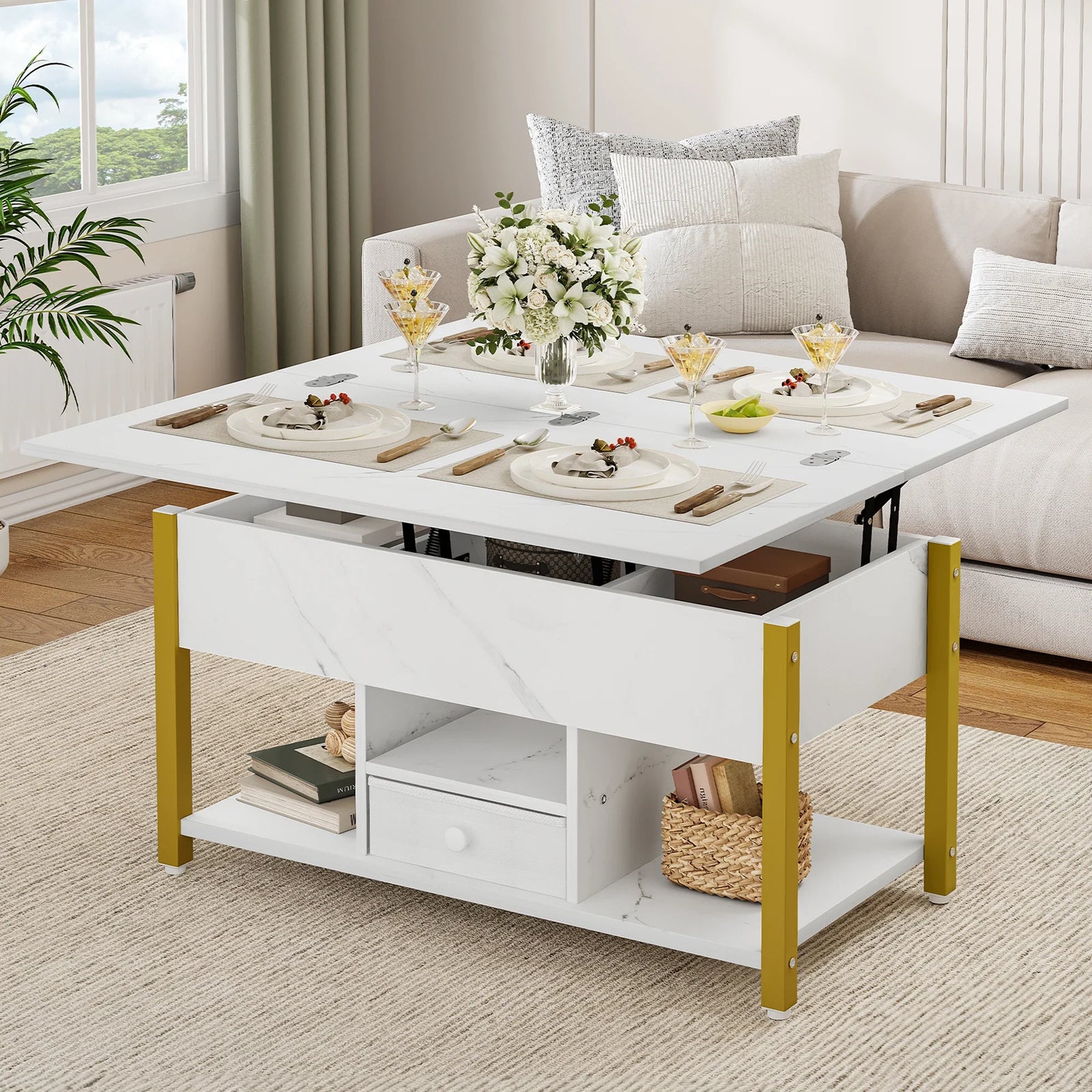 Table basse relevable effet marbre blanc, tiroirs 2 faces