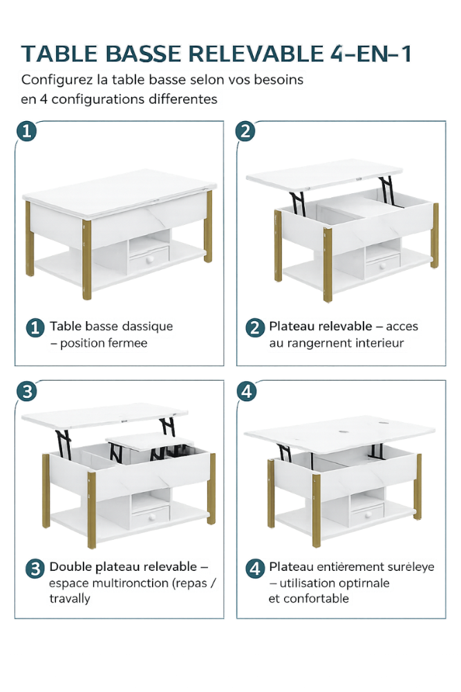 Table basse relevable effet marbre blanc, tiroirs 2 faces