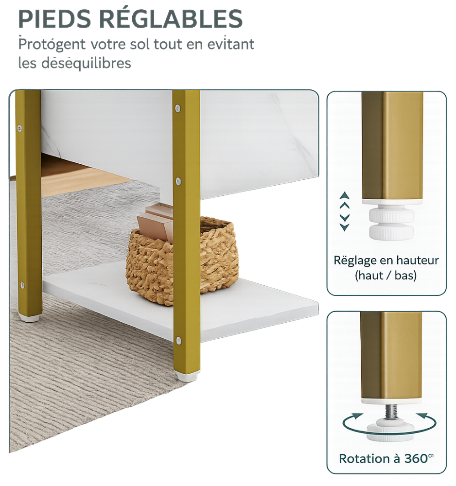 Table basse relevable effet marbre blanc, tiroirs 2 faces