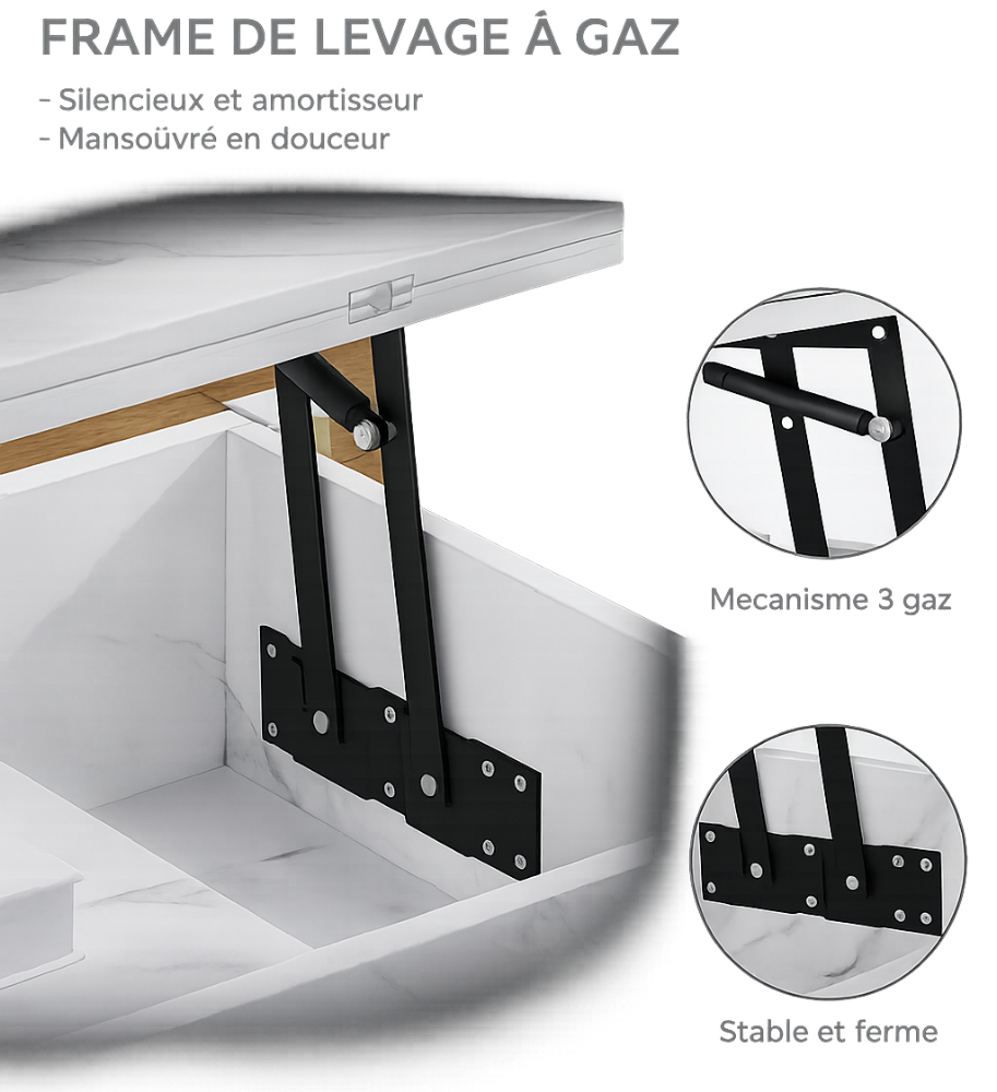 Table basse relevable effet marbre blanc, tiroirs 2 faces