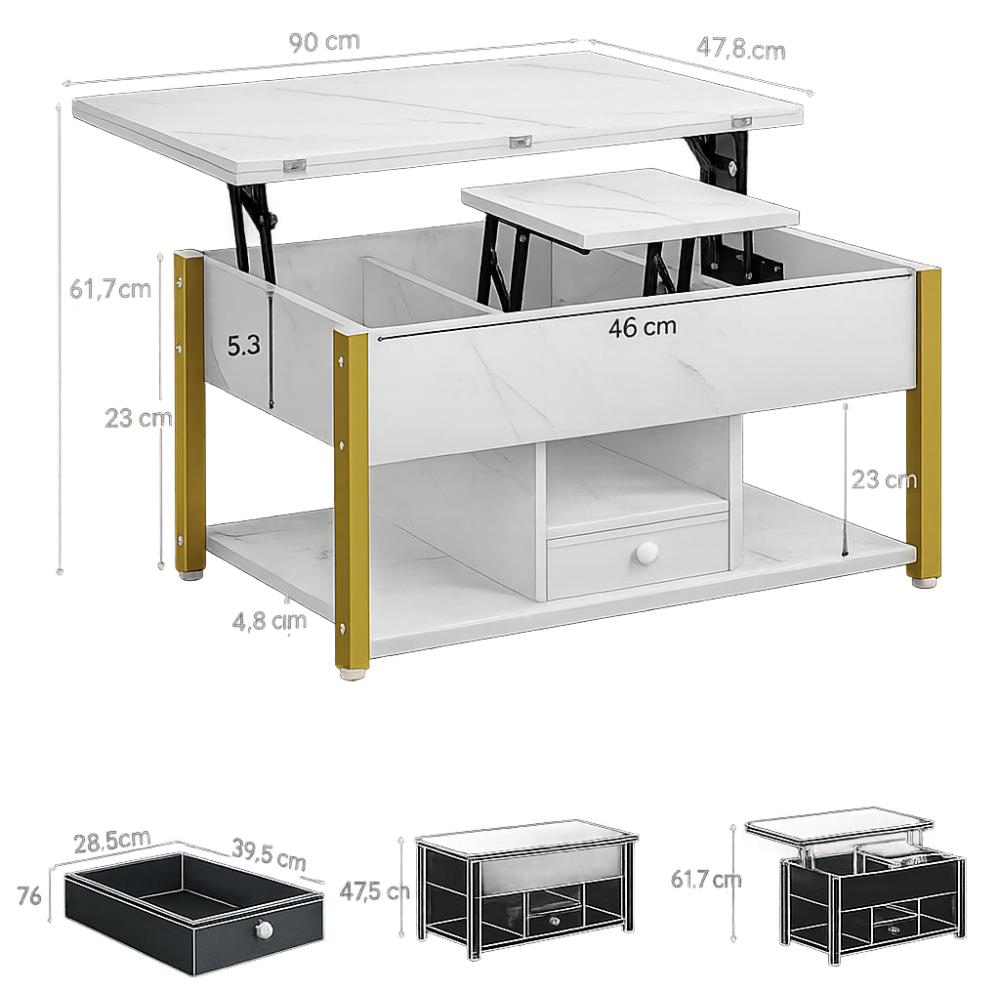 Table basse relevable effet marbre blanc, tiroirs 2 faces