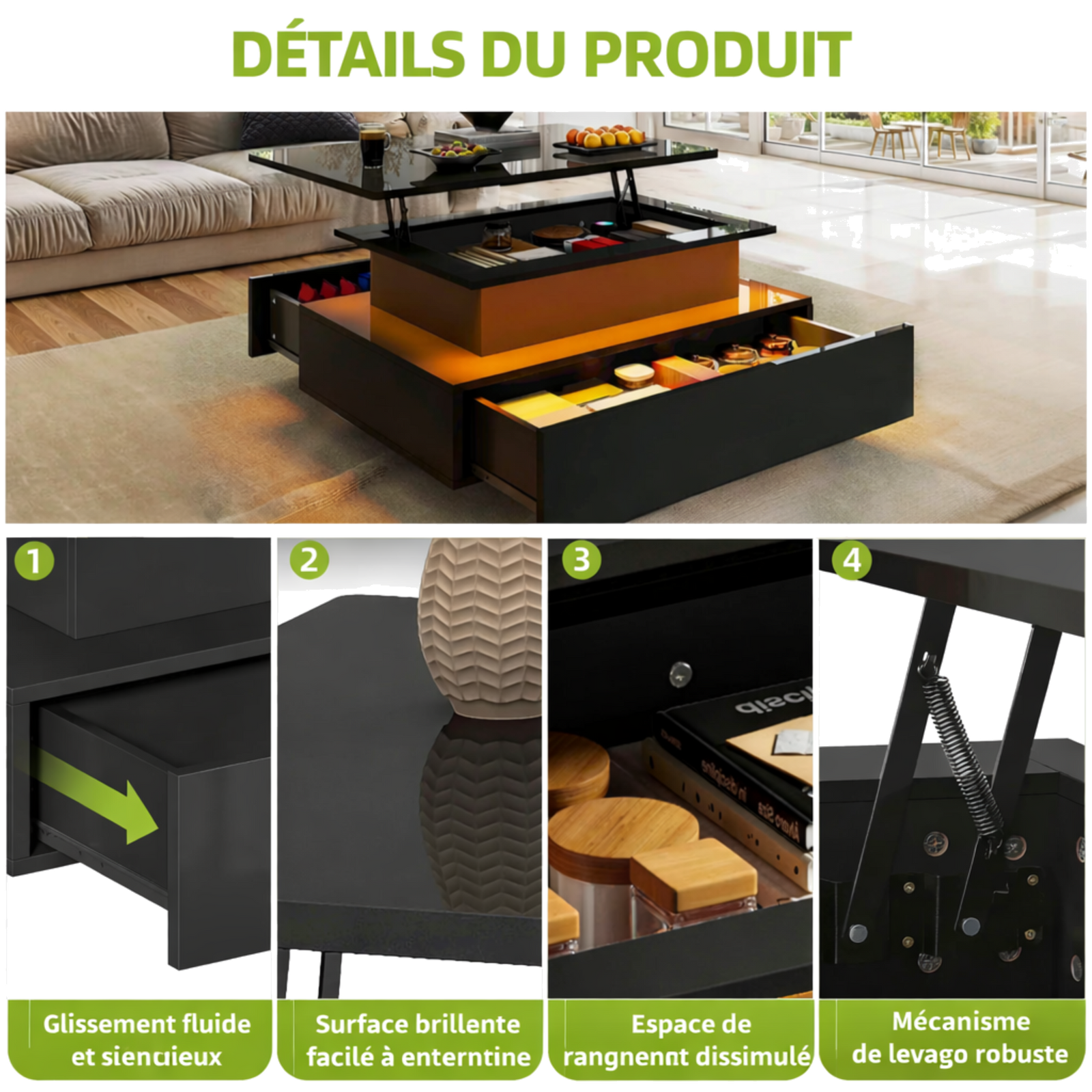 Table basse relevable rectangulaire bois avec éclairage LED