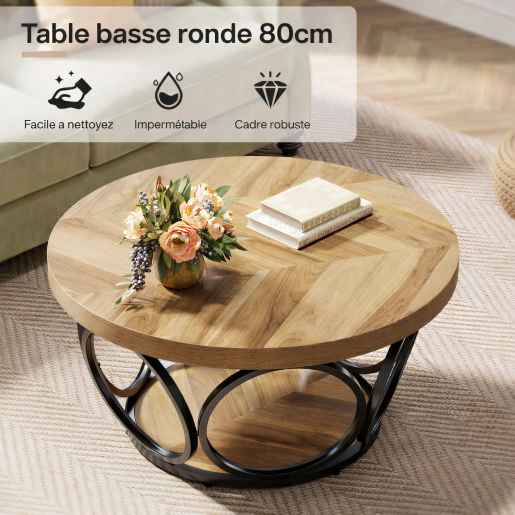 Table basse ronde 80 cm avec étagère, bois et métal