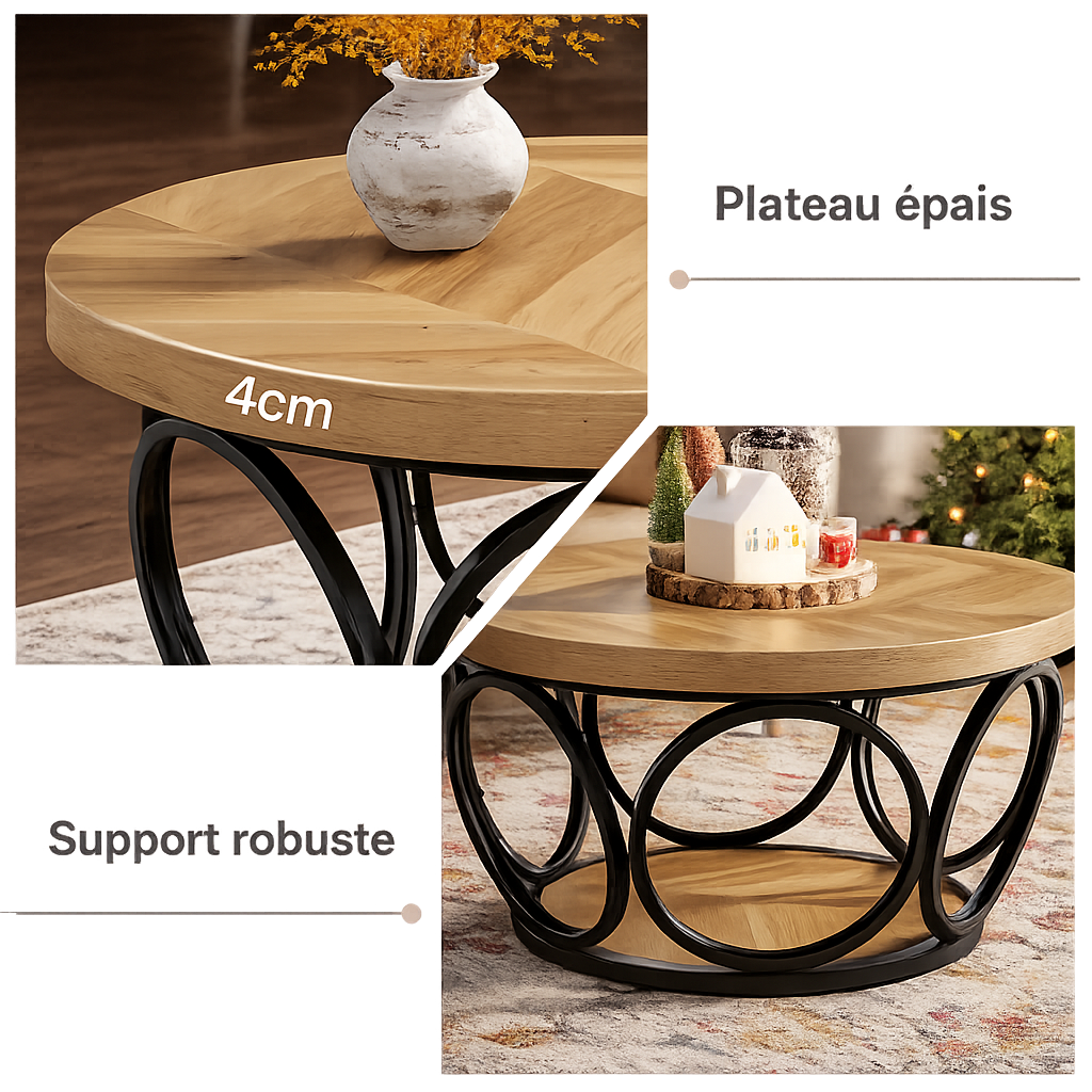 Table basse ronde 80 cm avec étagère, bois et métal